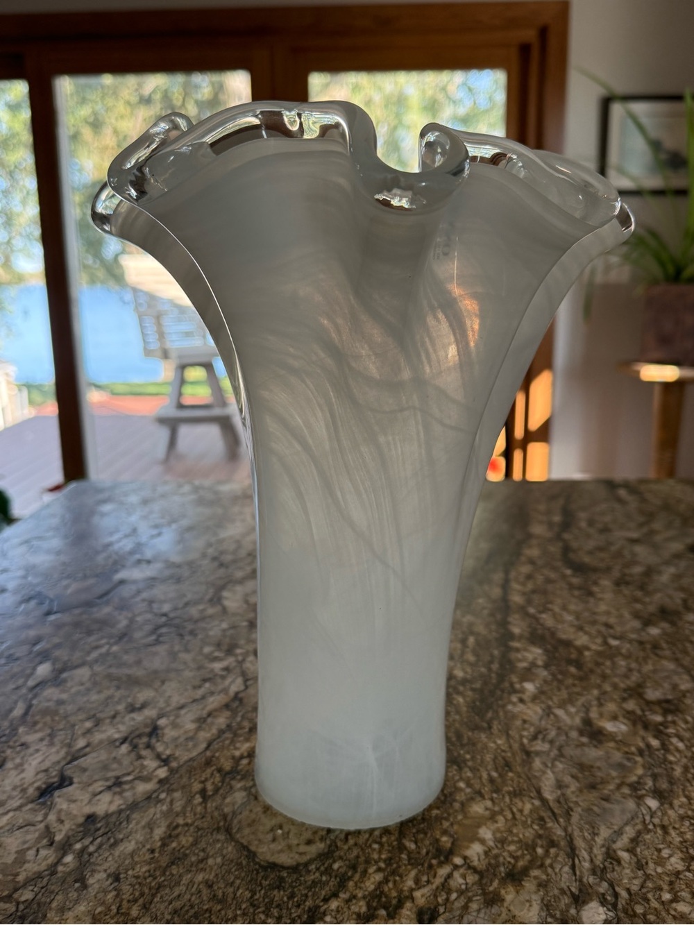 Murano Elegant White Hand-Blown Glass Vase with Ruffled Rim
